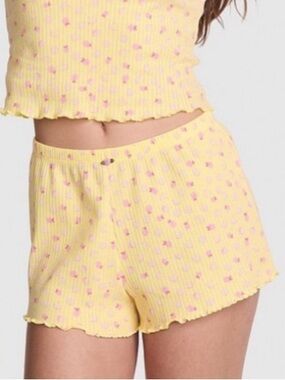 VICTORIA’S SECRET PINK Drop Needle Pointelle Shorts Yellow Pink Print MEDIUM